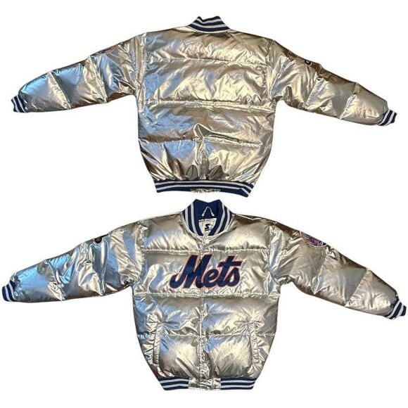 New York Mets Starter Silver Bronx Satin Full-Snap Varsity Bomber Jacket Medium